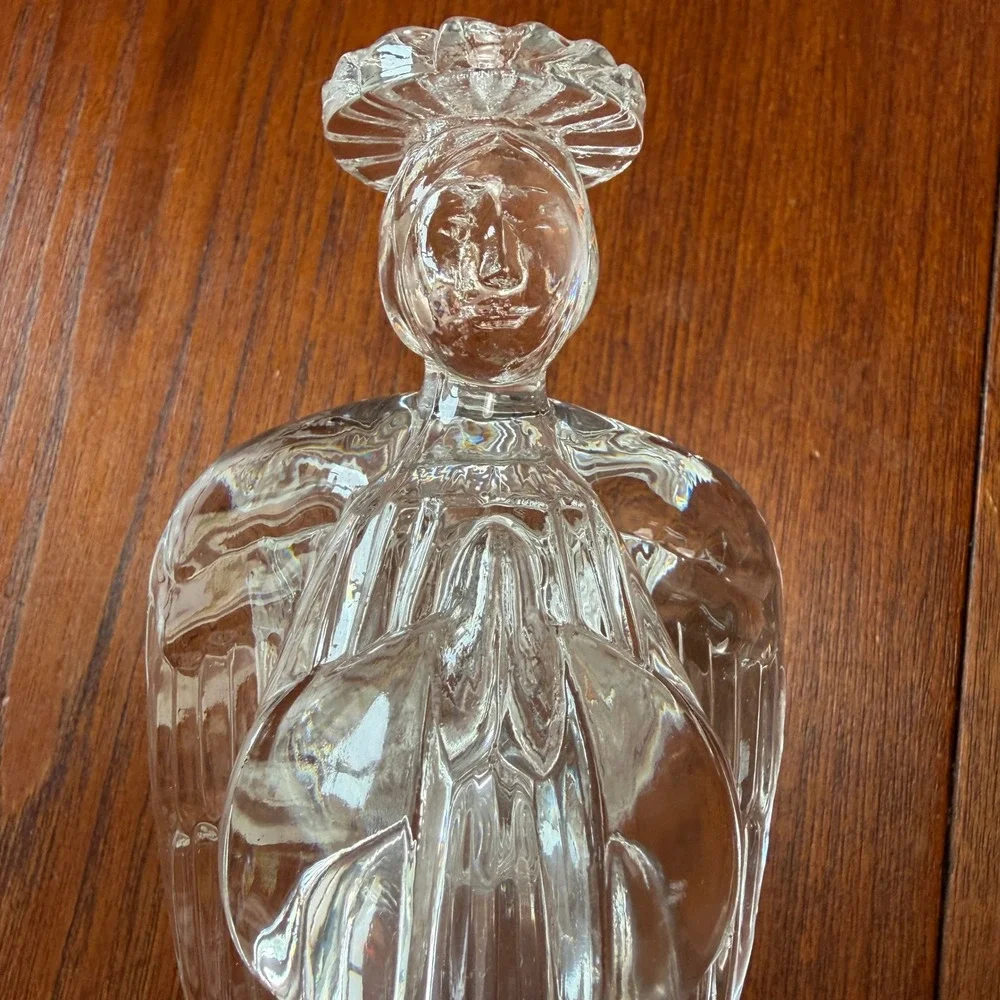 TWO VTG  Clear Glass Praying Angel Taper Candle Holders Ribbed Base Christmas